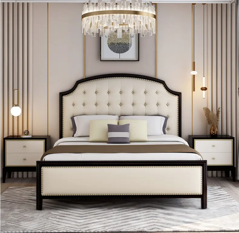 Juegos de cama de color madera oscura para dormitorio, Sábana tapizada de tamaño King con cabecero de cuero