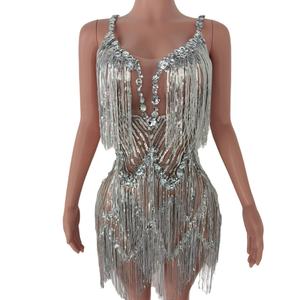 Sexy senza maniche con frange paillettes Festival di musica di cristallo abbigliamento Performance di scena abito da ballo <span class=keywords><strong>donna</strong></span> Sexy corto Club Party - Product Image 2
