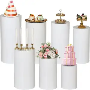 Logam bulat putih silinder alas berdiri latar belakang kolom kue ulang tahun tampilan makanan penutup meja Plinths pilar untuk dekorasi