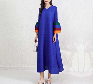 Vestido Maxi Plisado <span class=keywords><strong>para</strong></span> Mujer, Cuello en V, Manga Larga, Bloques <span class=keywords><strong>de</strong></span> Color, Puños Acampanados, Casual, Holgado, Abaya, Caftán, Dubai, Modesto, Talla Única - Product Image 2
