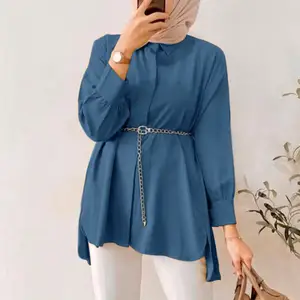 Autumn Elegant Islamic Clothing Woman Long Sleeve Lapel Neck Shirt Female High Low Slit Casual Fashion Muslim Blouse Top