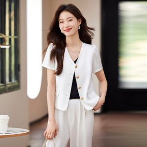 Women's Pink Suit Set Short Sleeve Satin Two Piece Elegant Summer Breathable Pants Set - Product Image 4