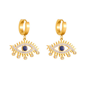 Eye Shape Gold Plated Drop Earrings With Blue Stone And Crystal Inlay For Fashion Jewelry - Product Image 5
