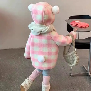 Child Star Circle Girls Plaid Wool Coat Thickening With Hood And Rabbit Ears For Autumn Winter Wear - Product Image 4