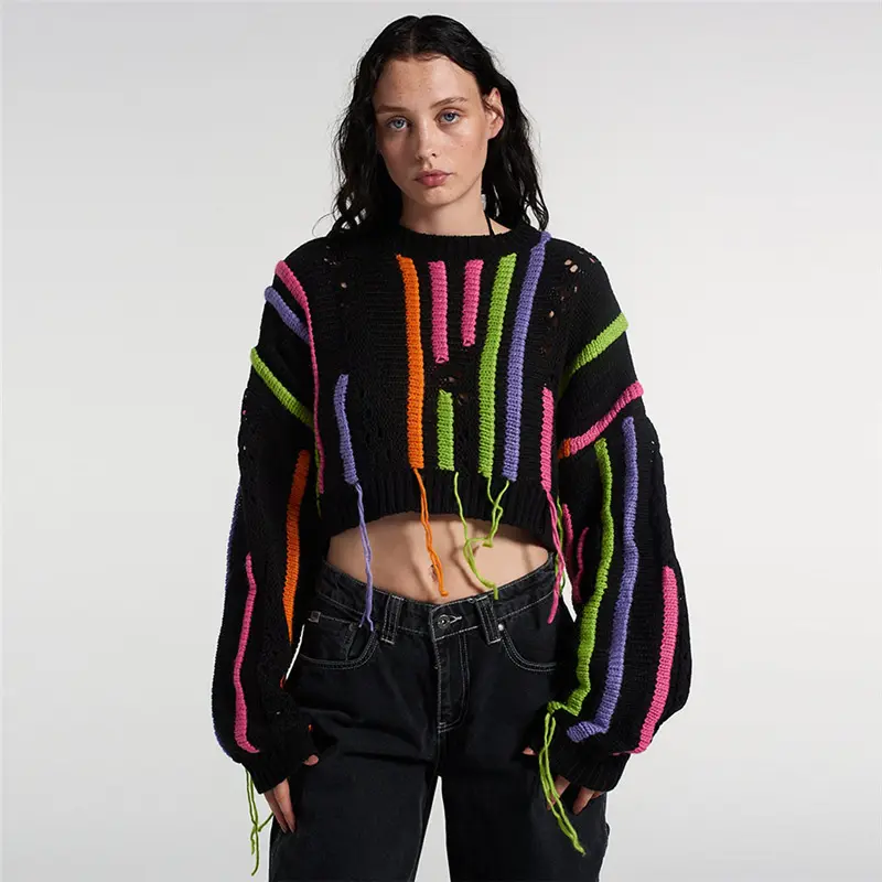 女性用タッセルストリッププルオーバーセーター付きニットセーターメーカークロップトップセーター