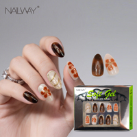 NAILWAY Faux Ongles à Coller en Gel Marron Motif Fleur Léopard Amande avec Ligne Dorée 3D, 30 Pièces, 15 Tailles
