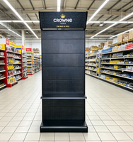 Présentoir en panneau perforé noir, forte capacité de charge, idéal pour la promotion en magasin et la présentation des produits.