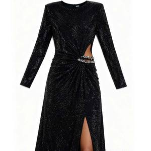 女式黑色长袖水钻晚礼服，带腰部剪裁的百褶裙，用于宴会、舞会和颁奖 - Product Image 6