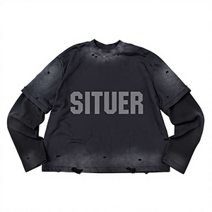 เสื้อยืดแขนยาวผ้าวาฟเฟิลคอตตอน 100% สกรีนโลโก้ตามสั่ง ขายส่ง ทรงโอเวอร์ไซส์ ลุควินเทจ ย้อมสีแบบแอซิดวอช ผ้าหนา แต่งดีเทลขาดๆ สำหรับผู้ชาย - Product Image 3