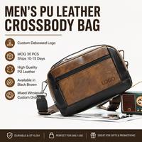 Tas Selempang Kulit PU Vintage Pria, Tas Messenger Kecil Kasual, Tas Bahu Multi Kantong, Tas Sling dengan Logo Custom Debossed