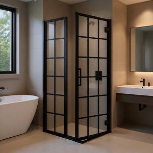 Puerta de Ducha Sin Marco Negra Mate de 40 x 72 Pulgadas con Vidrio Estampado y Diseño de Entrada Abierta Pivotante - Product Image 2