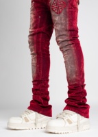 Jean pour homme Y2K en denim déchiré et délavé rouge, coupe slim évasée, style streetwear de haute qualité, personnalisable OEM/ODM, collection 2026