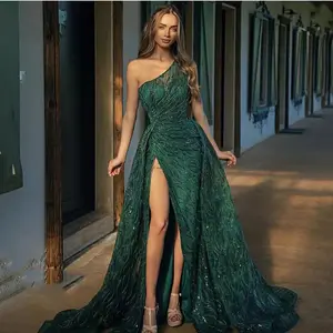 Элегантное женское вечернее платье с разрезом, блестящее вечернее зеленое платье на одно плечо с блестками