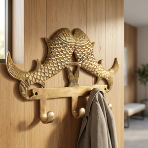 AK Brass Two Fish Design Brass Wall <b>Hook</b> with 3 <b>Hooks</b> Antique Finish Metal <b>Coat</b> & Towel Hanger Home <b>Decor</b> - Product Image 2