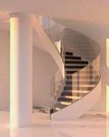 Escalier Circulaire Contemporain en Acier et Bois pour Villa Moderne avec Verre Courbé et Rampe Métallique