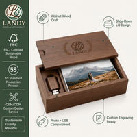 Boîte à album gravée artisanale en bois massif de qualité supérieure, écologique, avec logo personnalisé, pour la photographie de mariage, souvenir, rangement