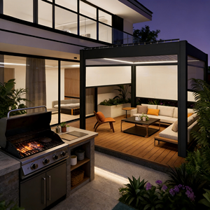 <span class=keywords><strong>Pergola</strong></span> moderne en aluminium imperméable <span class=keywords><strong>pour</strong></span> l'extérieur, avec <span class=keywords><strong>rideaux</strong></span> et éclairage LED - Product Image 1