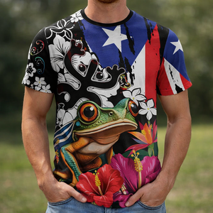 Camiseta de Puerto Rico con Estampado de Rana Coqui y Atardecer, <span class=keywords><strong>Isla</strong></span> <span class=keywords><strong>del</strong></span> Encanto, Estilo Tropical, Impresión Bajo Demanda, Informal, de Poliéster, Transpirable, para Verano - Product Image 1