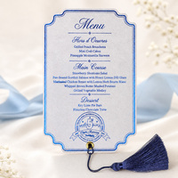 Carte de menu de restaurant personnalisée de luxe, découpée au laser, avec impression en relief, papier estampé à la feuille d'argent bleue, carte de menu de mariage en velours avec pompon