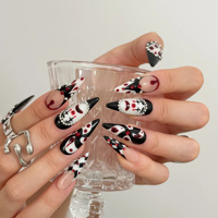 Faux ongles à presser en acrylique, motif Clown d'Halloween sombre, goutte de sang, carreaux, perles argentées, strass, forme amande, longueur longue, vente en gros