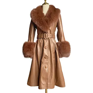 QIUCHEN QC21123 Winter Luxury Fox Fur Collar Cuffs Long Jacke Windbreaker Leather Coat For Women