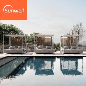 Khách sạn phong cách Hiện Đại Đồ Gỗ Ngoài Trời đặt khung nhôm Gỗ Tếch đi văng hồ bơi bên Cabana ngày giường với Rèm tán - Product Image 6