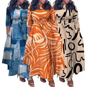 Robe longue à imprimé graphique de grande taille Robe d'automne décontractée pour femmes africaines Robe extensible à manches longues pour femmes