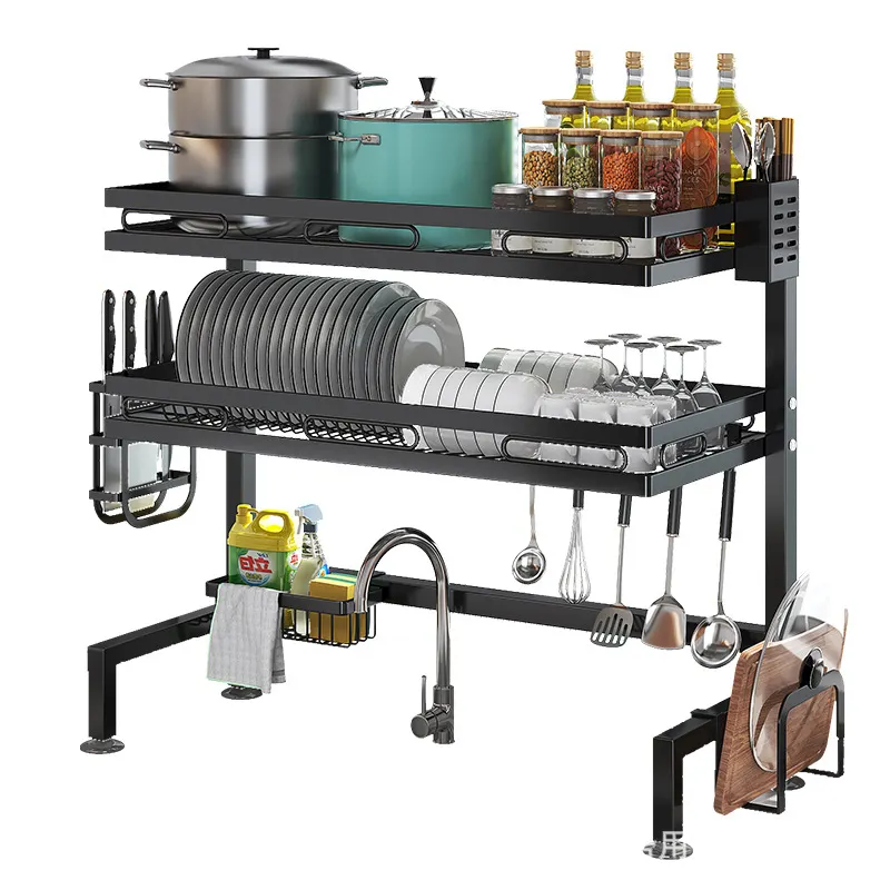 Réglable 2 Niveaux Sur Acier Inoxydable Égouttoir Évier Rack Plaque De Stockage Titulaire Étagère Organisateur Séchage Cuisine Vaisselle Rack