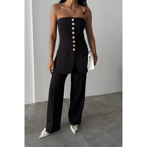 Gilet long en tissu tissé noir pour femme avec boutons dorés, broderie vintage et logo rétro, style décontracté pour costumes d'automne - Product Image 2