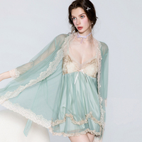 Setelan Baju Tidur Babydoll Jaring Renda Hijau Mint dengan Bantalan Dada, Kimono Renda Berumbai, Pakaian Tidur Wanita, Jubah, Setelan Loungewear