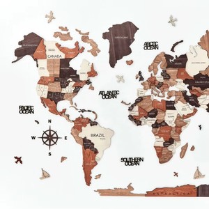 Carte du monde en bois, puzzle de carte du monde, planches en bois massif, décorations murales pour la maison, porte-manteaux muraux, carte du monde - Product Image 3
