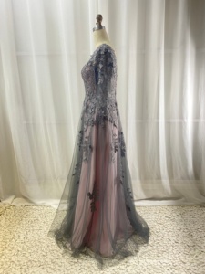 Abito da sera in tulle grigio-rosa con pizzo floreale 3D, maniche a 3/4, scollo a V, linea ad A, formale, per <span class=keywords><strong>madre</strong></span> della sposa, taglie forti, direttamente dalla fabbrica - Product Image 4