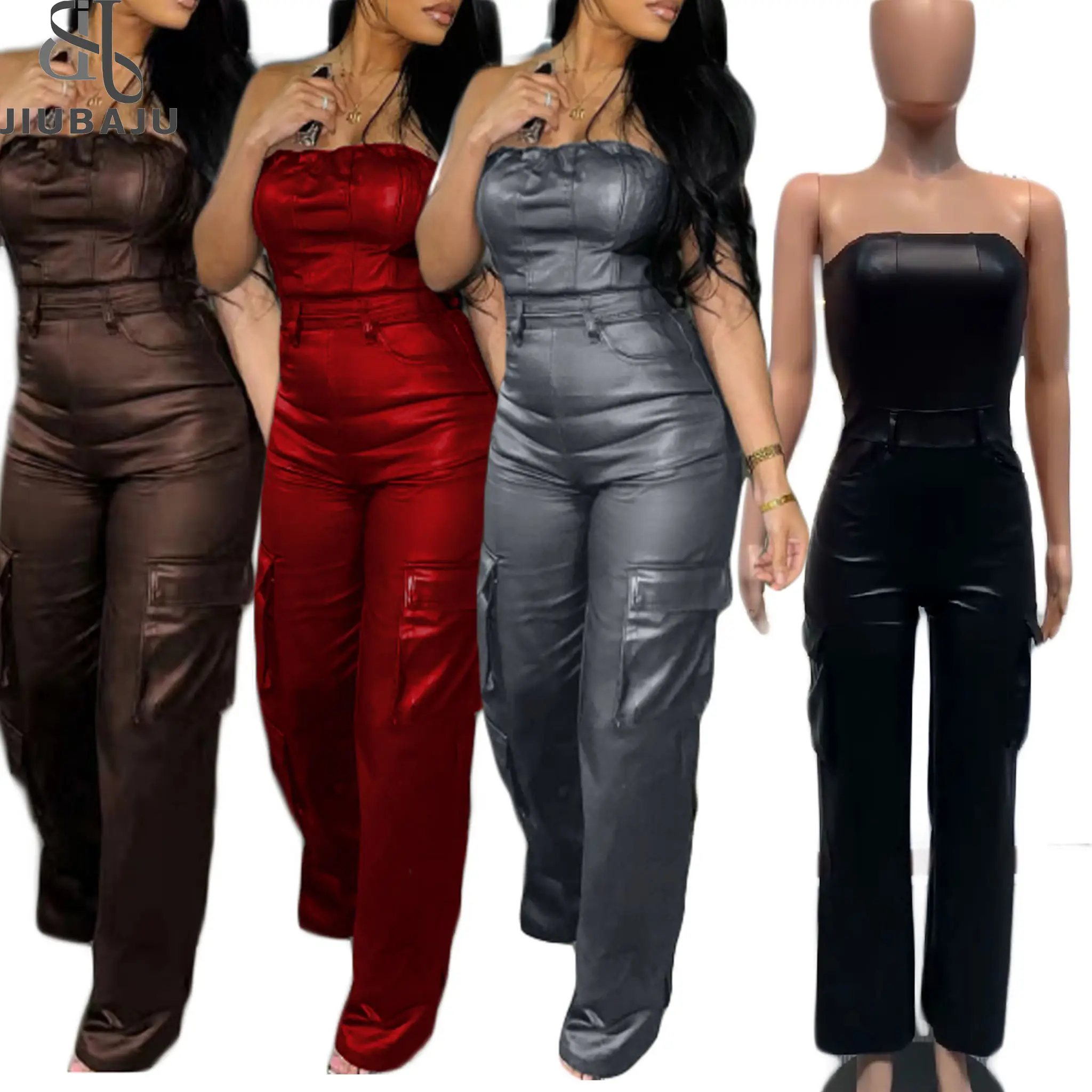 Faux Lederen Strapless Mouwloze Bodycon Pu Jumpsuit Vrouwen Club Feest Eendelig Overall