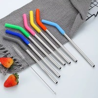 1Pcs Pailles en acier inoxydable réutilisables Pailles droites courbées avec embouts en silicone pour boissons chaudes et froides Outil de bar