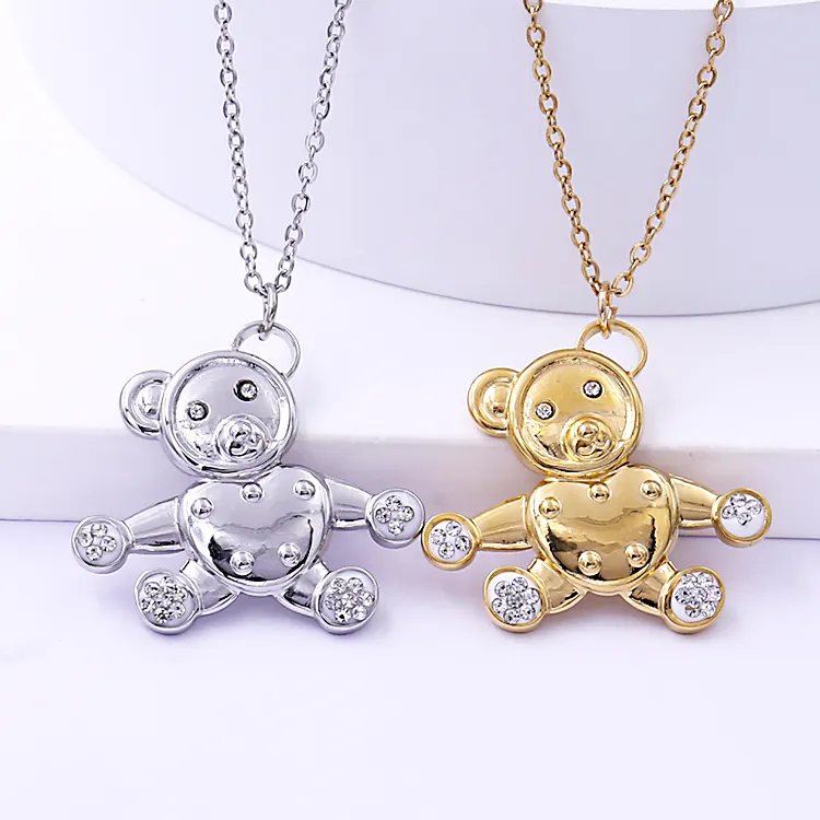 Wholesale High Quality Simple Stainless Steel 18K Gold Plated Sweet Teddy Bear Pendant Necklace Jewelry Bear Choker Necklace