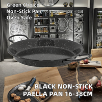 Berbagai ukuran baja karbon berenamel hitam ramah lingkungan mesin pencuci piring aman antilengket Paella Pan desain Eropa untuk makanan laut 16-38cm