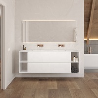 Meuble-lavabo flottant moderne avec miroir intelligent, armoire en MDF, rétroéclairage LED, double vasque personnalisée, étagères ouvertes - Rénovation de salle de bain