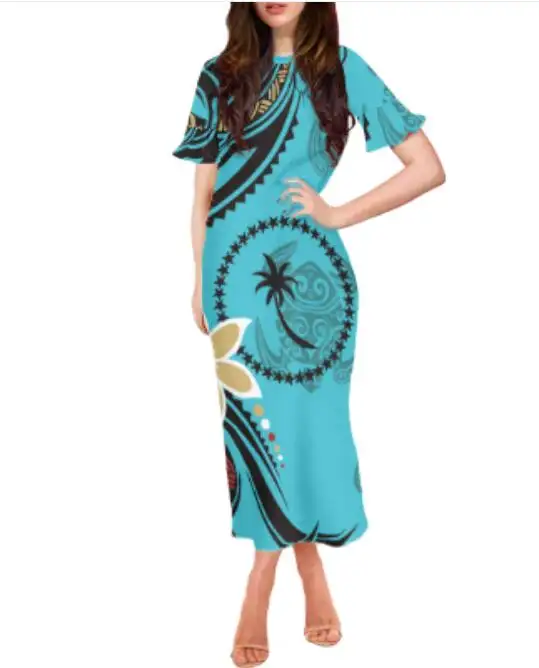 Summer Blue Lotus Leaf Hemline Long Skirt Polynesian Tribal Ethnic Cook Islands Dress Women's Short Sleeve Patterned Long Skirt