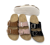 Meilleures ventes Été Tendances de la mode Classique OEM Logo personnalisé Conception PVC Semelle d'injection Daim Liège Femmes Sandales Chaussures plates