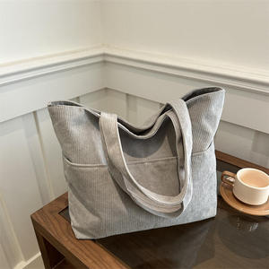 Bolso de mano de pana de gran capacidad para mujer, bolso de hombro con cremallera de color sólido y ecológico, lista de compras - Product Image 5