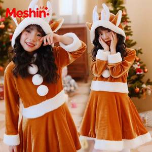 Costume de cosplay de renne pour enfants MS, très populaire, vêtements de Noël marron pour enfant avec bandeau, robe de Père Noël pour filles - Product Image 1
