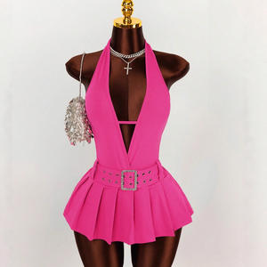 <span class=keywords><strong>Robe</strong></span> moulante sexy à col halter <span class=keywords><strong>et</strong></span> dos nu, couleur unie, coupe ajustée, avec ceinture, décolleté plongeant, plissée, courte, mini, pour femme, K25L1743 - Product Image 4