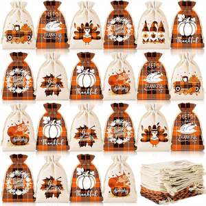 Sacs cadeaux en coton recyclables à cordon de serrage, motif écossais, 13*18cm, avec logo personnalisé, pour les fêtes de Thanksgiving, les cadeaux artisanaux, les friandises d'automne (souples) - Product Image 1