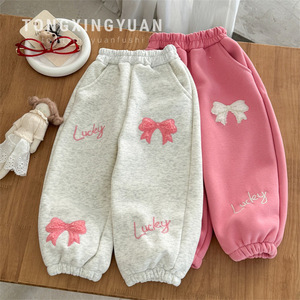 Tongxingyuan Girls Fleece Sweatpants Pink Heather Gray Bow Lucky Embroidery Autumn Winter Casual Pants - Product Image 1