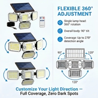 Lampe solaire avancée à détecteur de mouvement 296 LED, 4 panneaux pliables, double détection de mouvement PIR pour extérieur et jardin