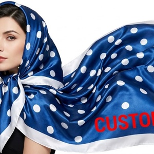 Foulard en soie à pois personnalisé pour femme, carré bleu en satin, avec logo de <span class=keywords><strong>marque</strong></span> personnalisé, pour cheveux et cou - Product Image 1
