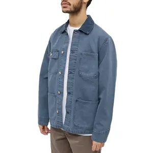 Jaqueta jeans masculina de algodão, roupa de trabalho personalizada com 4 bolsos de remendo de algodão 100%