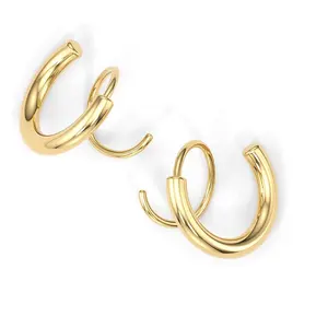 Trendy Real 18K chapado en oro Chunky Helix Piercing Studs Pendientes Unique Double Hoop Twist Spiral Cuff Pendientes