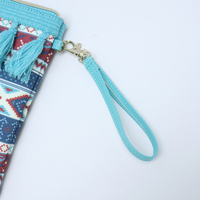 Tas Clutch Kanvas Motif Geometris Boho dengan Ritsleting Rumbai & Tali Pergelangan Tangan, Tas Makeup & Dompet Portabel, Kantong Kosmetik untuk Pesta