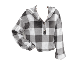 Sudadera a cuadros con Cuello medio abierto de otoño e invierno para mujer, con capucha abotonada, estampado informal de felpa, función antibolitas con logotipo frontal - Product Image 4